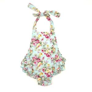 Unbranded Floral Halter Romper Baby Girls Blue Ruffle Back Sunsuit Size M